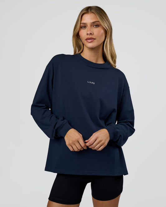 Go-To Long Sleeve FLXCotton Oversized Tee - Future Navy-White